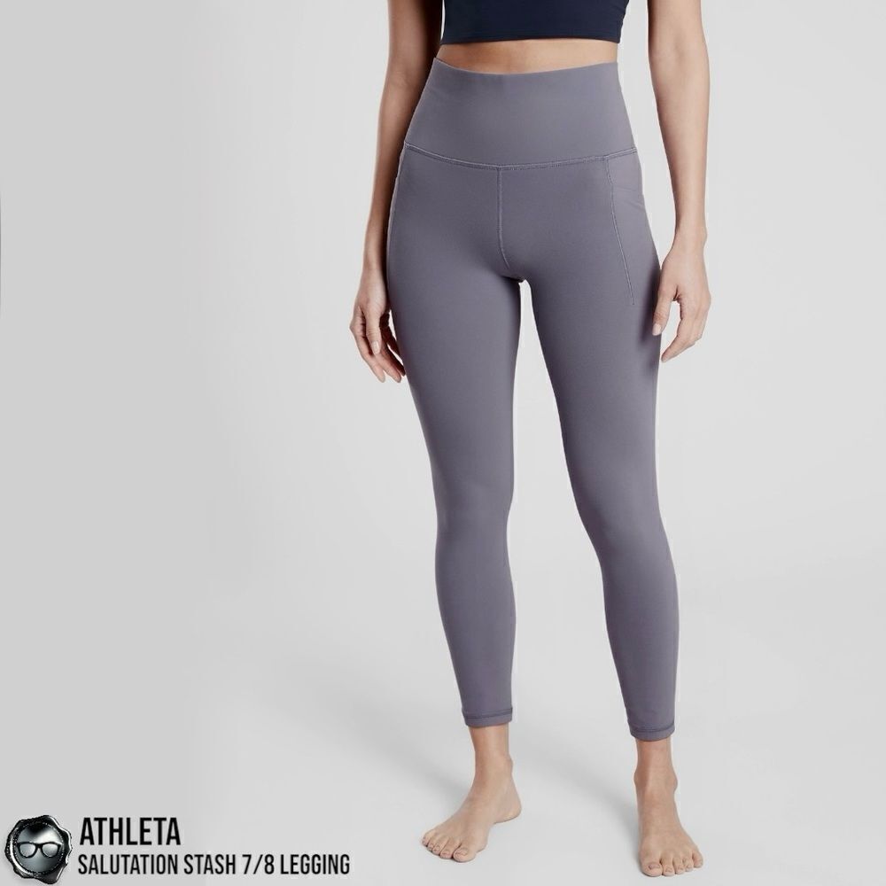 ATHLETA SALUTATION STASH 7/8 II TIGHT POCKET LEGGINGS IN TEMPEST VIOLET SIZE MED